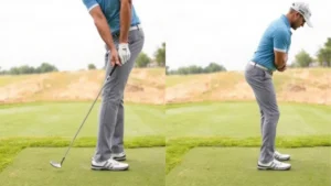 Professional golfer demonstrating proper grip and stance position on practice range, hands holding club with neutral wrist position, feet shoulder-width apart, natural spine alignment