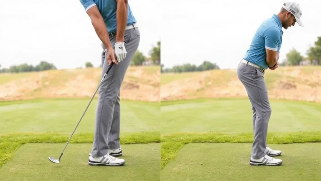 Professional golfer demonstrating proper grip and stance position on practice range, hands holding club with neutral wrist position, feet shoulder-width apart, natural spine alignment