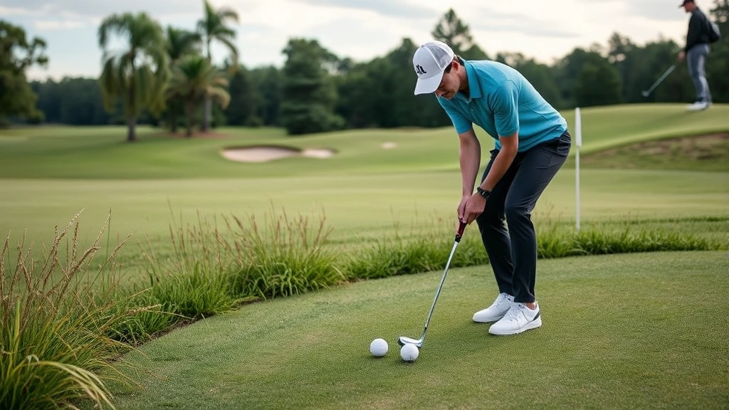 Golfer practicing short-game skills near green, concentrating on chip shot technique with multiple practice balls visible, focused expression showing deliberate practice methodology in action
