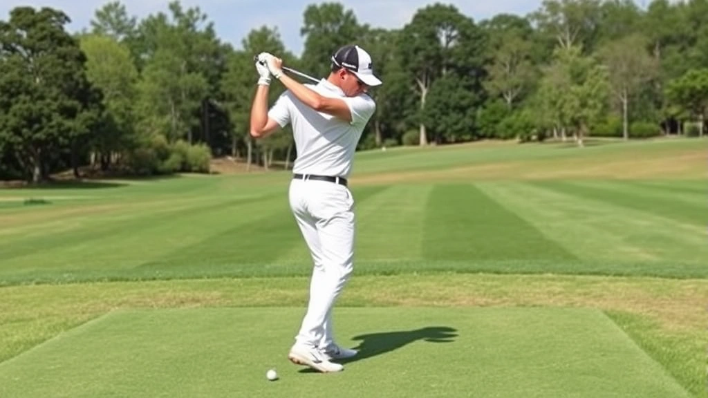 Golfer executing full swing at driving range with proper sequence, lower body initiating downswing, shoulders rotating through impact, perfect tempo and balance