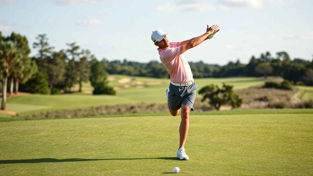 Golfer stretching and warming up on fairway before round, performing flexibility work and mobility exercises, demonstrating physical conditioning importance with natural course landscape background