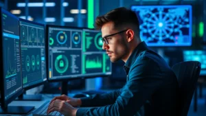 Professional cybersecurity analyst studying at computer workstation with multiple monitors displaying security dashboards and network diagrams, focused expression, modern office environment with blue and green lighting