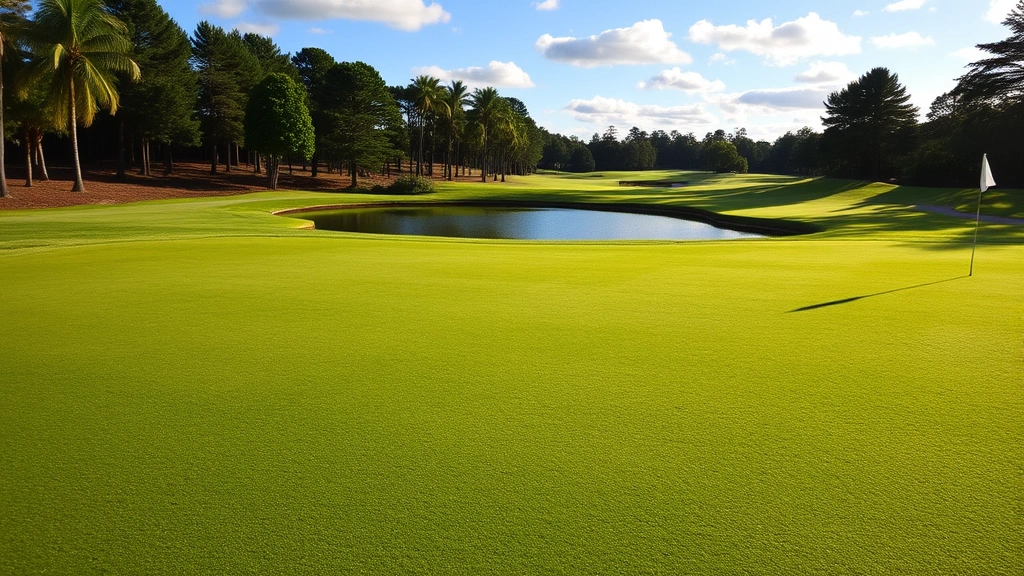 Scenic golf course fairway with manicured grass, water hazard reflecting sky, trees framing hole, morning sunlight creating shadows on green
