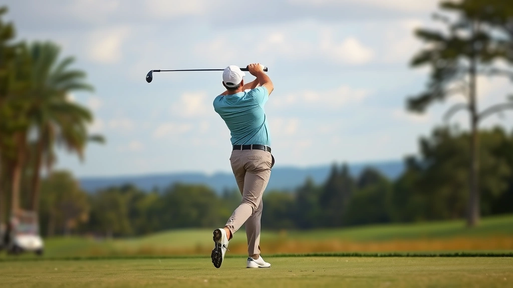 Professional golfer mid-swing on fairway, perfect form demonstrating technique, blurred background showing course landscape and distant trees