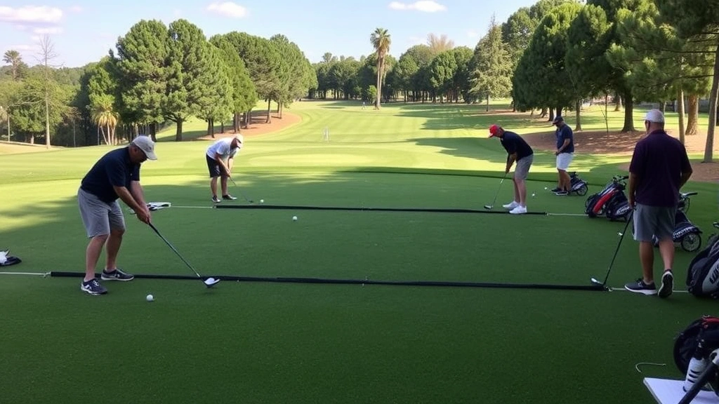 Golf course practice range with multiple players hitting balls, target greens visible in distance, natural lighting showing quality turf conditions