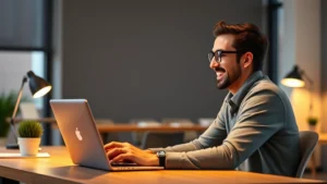 Adult learner sitting at desk with laptop, smiling while watching course video, warm office lighting, educational environment, focused concentration expression, modern minimalist workspace
