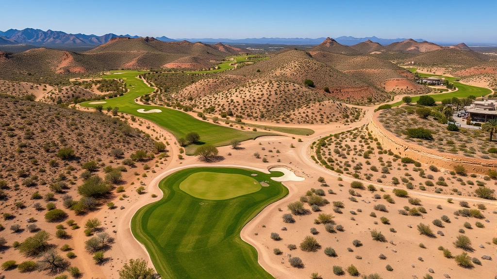 Aerial view of scenic golf course fairway with native desert landscaping, rolling terrain, and strategic bunkers visible from above on clear sunny day