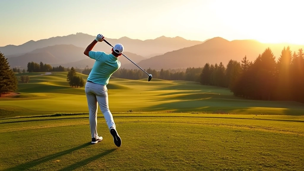 Professional golfer mid-swing on championship tee box with manicured fairway stretching into distance, mountains visible in background, morning light