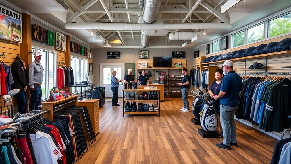 Well-equipped pro shop interior with golf equipment displays, clothing racks, and professional staff assisting customers in modern clubhouse setting