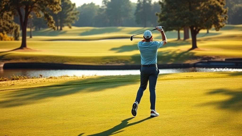 Professional golfer mid-swing on manicured fairway with water hazard visible in background, morning sunlight, realistic course landscape photography