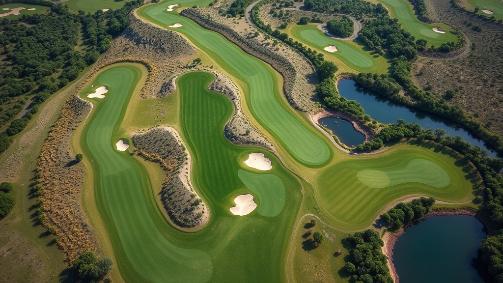 Aerial view of golf course holes showing varied terrain, bunkering, and green complexes with natural vegetation and water features