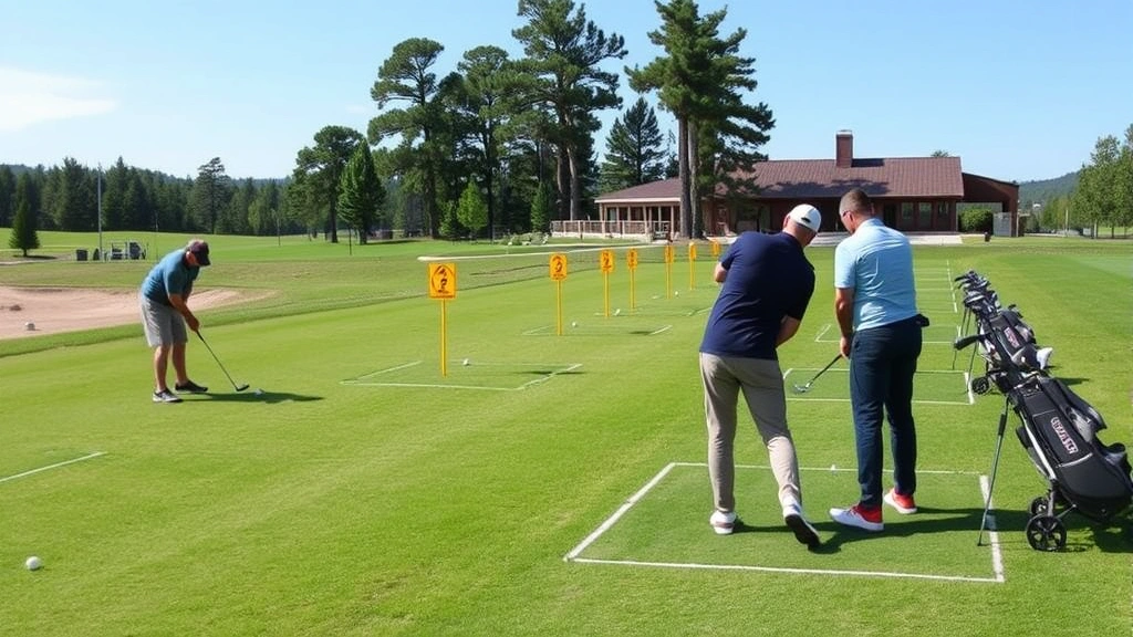 Golf practice range with golfers hitting balls toward distance markers, pro shop building visible, well-maintained turf and professional facility setting