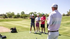Professional golf instructor demonstrating proper swing technique to small group of students on driving range, with golfers watching attentively and taking notes, bright sunny day with manicured grass