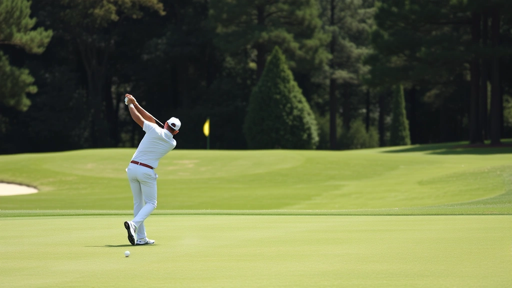 Golfer in mid-swing on fairway with manicured grass and trees in background, natural daylight, professional golf setting