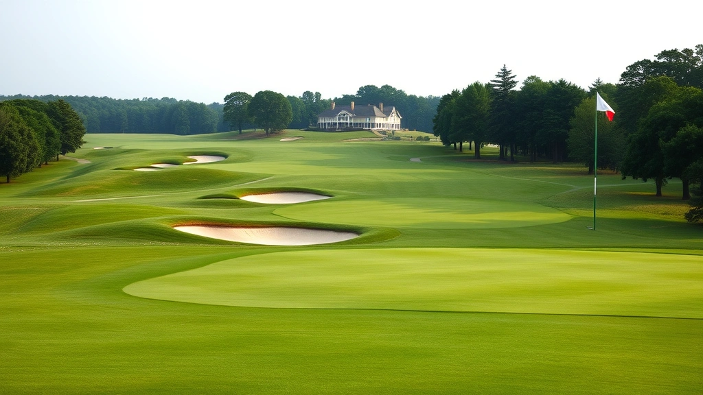 Golf course landscape showing fairway, bunkers, and green with clubhouse visible in distance, well-maintained grounds