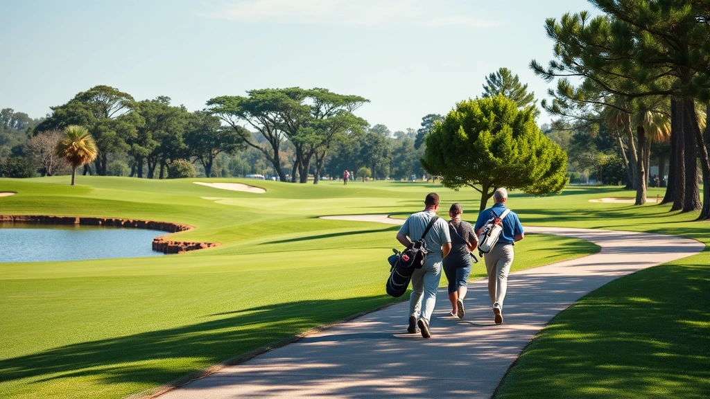 Golfers walking on course path carrying golf bags, scenic course surroundings with water feature and mature trees