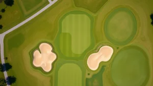 Aerial view of a golf course showing geometric fairway patterns, sand bunkers arranged in mathematical shapes, and manicured greens with contour lines visible, bright daylight photography