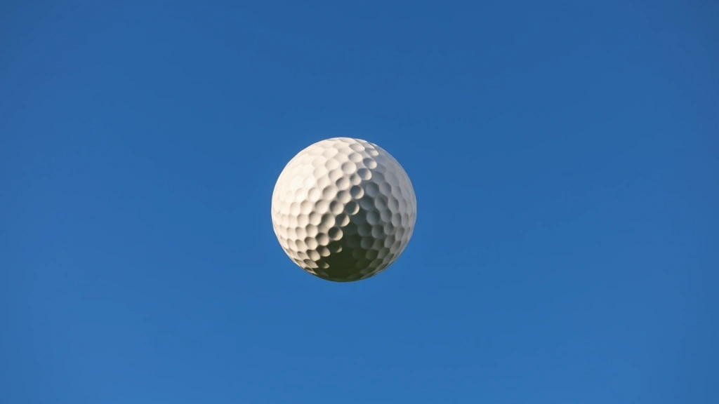 Close-up of a golf ball mid-flight with trajectory arc visible against blue sky, demonstrating parabolic motion and physics principles in action