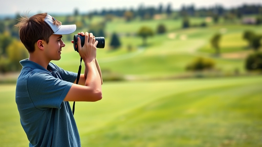 Student using laser rangefinder to measure distance on golf course, wearing casual athletic clothing, standing on fairway with course landscape in background, natural outdoor lighting