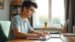 Student sitting at desk with laptop and notebook, focused on studying, natural daylight from window, peaceful home office environment, warm lighting