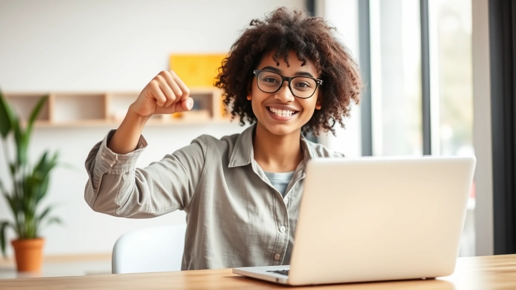 Student celebrating achievement with fist pump gesture, laptop showing completed assignment or good grade, motivated expression, bright modern workspace