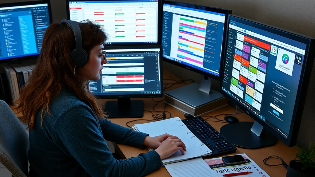 Student at computer workstation planning course schedule, multiple monitors showing course information and academic calendar, organized desk with planner and notes, concentrated expression