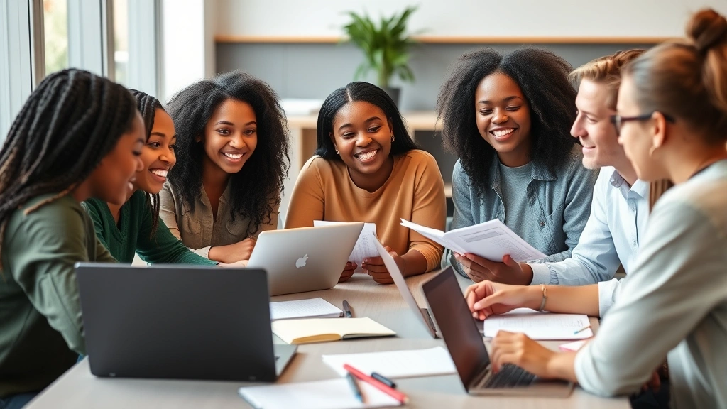 A diverse group of students collaborating at a table with laptops and notebooks, smiling and engaged in discussion about course materials and learning