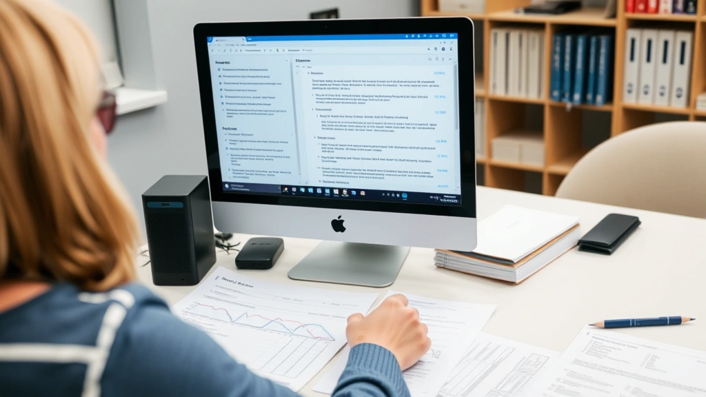 An instructor reviewing student work and feedback on a computer screen, with papers and assessment rubrics visible on the desk, thoughtfully analyzing course performance data