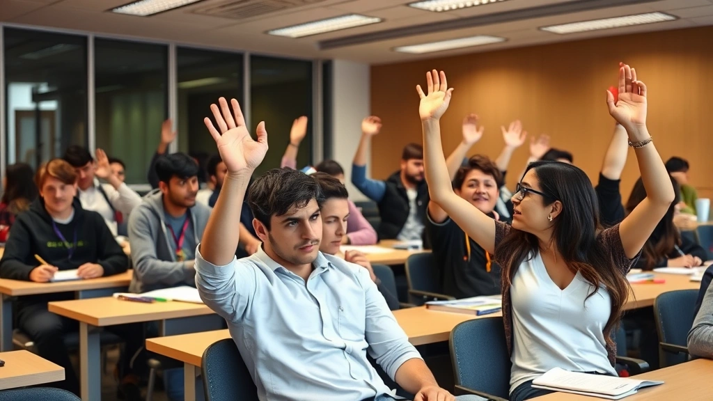 Students in a modern classroom environment participating in an interactive learning activity, raising hands, taking notes, and displaying visible engagement with the course content