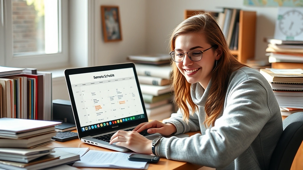 Student at desk surrounded by organized notes and textbooks, smiling while reviewing a semester schedule on laptop, natural afternoon sunlight streaming through window, focused but calm expression
