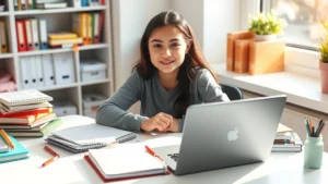 A student sitting at a desk with a laptop and planner, surrounded by organized study materials, natural light from a window, focused expression, clean modern workspace, morning sunlight streaming across desk