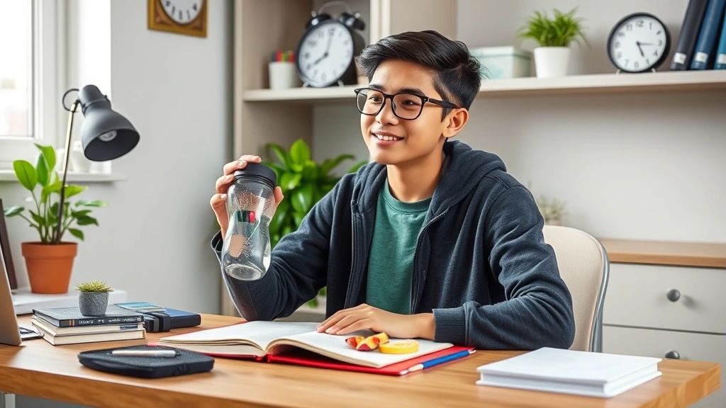 Student taking care of wellness with water bottle and healthy snack at study desk, plants visible on shelf, clock showing balanced time allocation, peaceful productive environment
