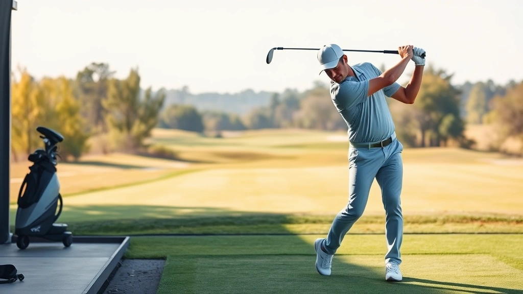 Professional golfer at practice range executing perfect swing mechanics with proper posture and alignment, focused concentration on form, morning sunlight on golf course, realistic athletic movement