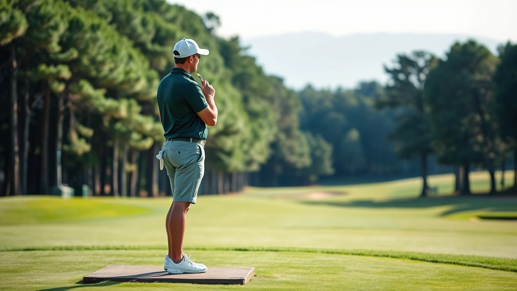 Golfer standing on tee box analyzing hole layout and strategy, studying course conditions and wind direction, peaceful golf course scenery with trees and fairway in background, contemplative decision-making moment