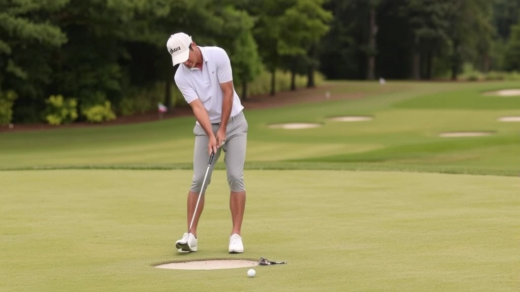 Golfer practicing short game near practice green, chipping technique demonstration with sand wedge, manicured practice area with multiple targets, concentration and skill refinement focus