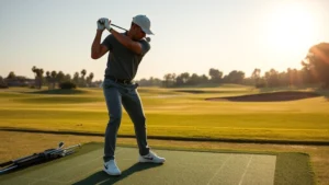 Golfer in proper address position on practice range, demonstrating correct grip, stance and posture setup, early morning sunlight, professional golf course setting