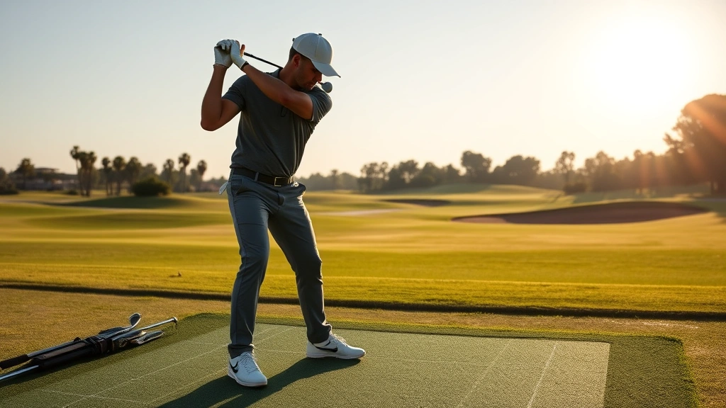 Golfer in proper address position on practice range, demonstrating correct grip, stance and posture setup, early morning sunlight, professional golf course setting
