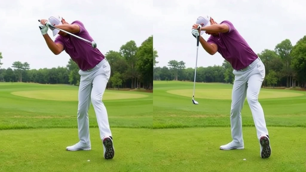 Golfer mid-downswing showing proper weight transfer and lower body initiation, club in correct position, athletic stance, on fairway with green in background