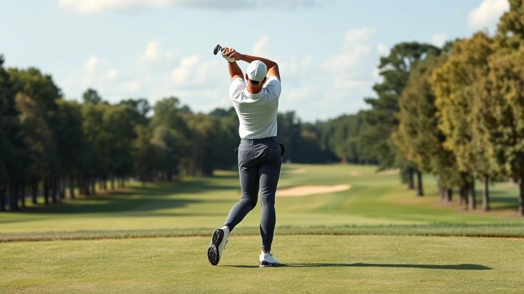 Golfer in balanced finish position with full follow-through, weight transferred to lead leg, facing target, professional course scenery with trees and fairway visible