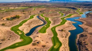 Aerial view of Coyote Springs Golf Course showing fairways winding through desert landscape with water features and strategic bunkering