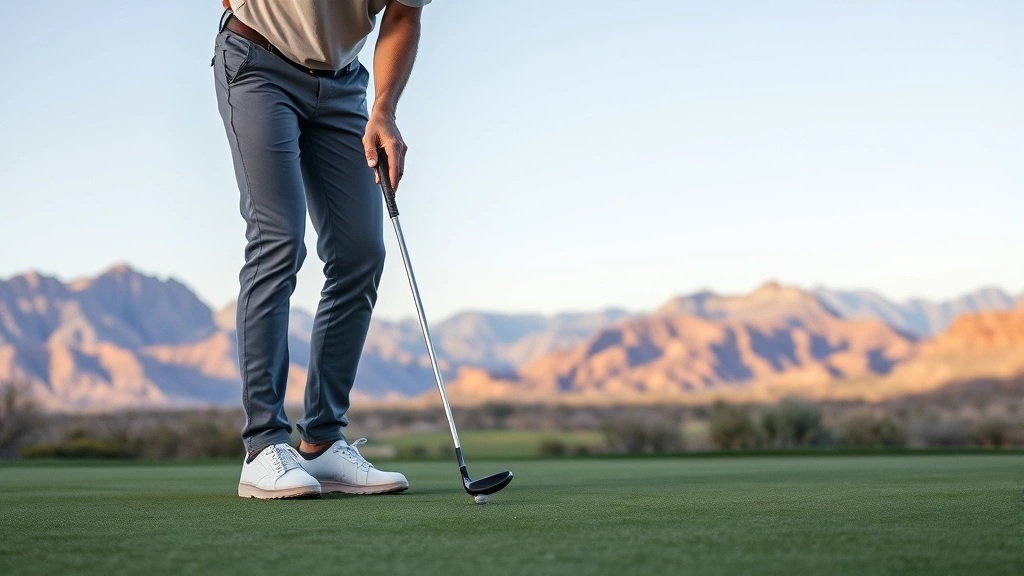 Golfer reading putt on smooth green with desert landscape and mountains visible in background, demonstrating precision putting technique