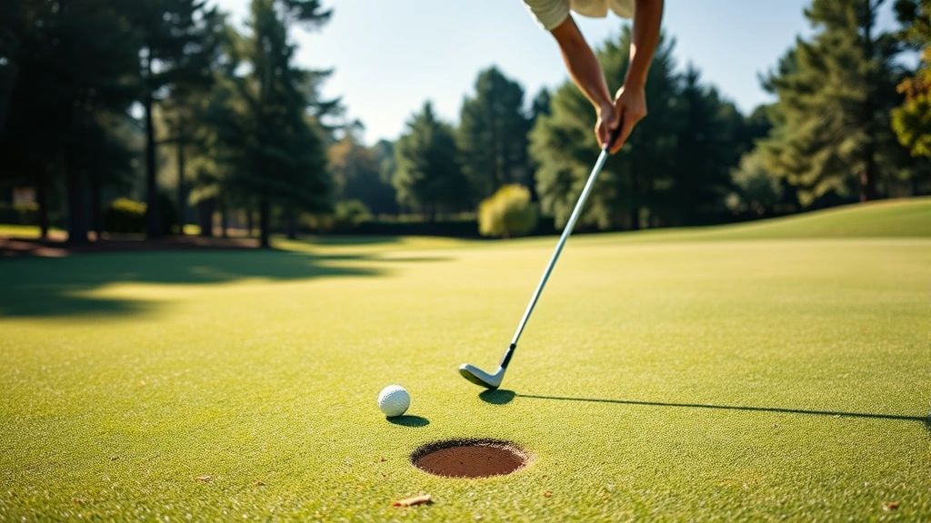 Golfer putting on green with intense concentration, perfect posture and form, well-maintained putting surface with hole visible, natural outdoor lighting