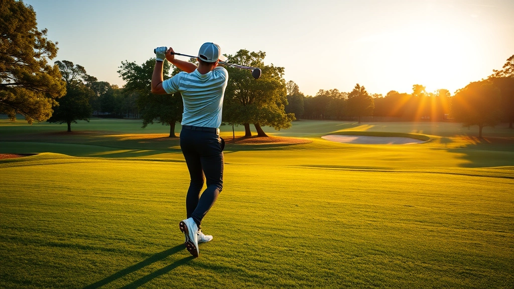Professional golfer mid-swing on beautiful fairway with manicured grass and tree-lined course in background during golden hour lighting