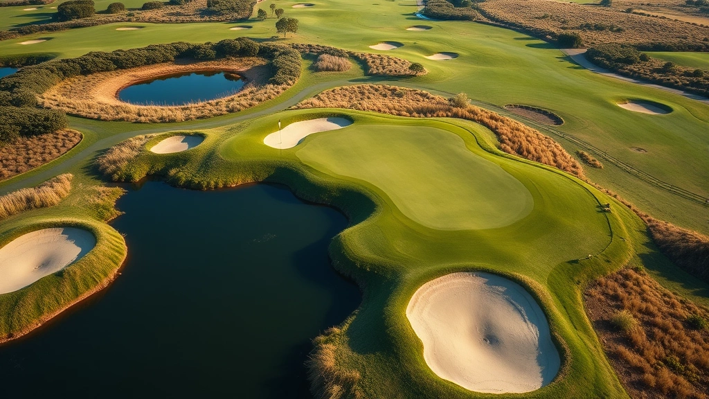 Aerial view of golf course hole showing sand bunkers, water feature, and pristine green with surrounding landscape