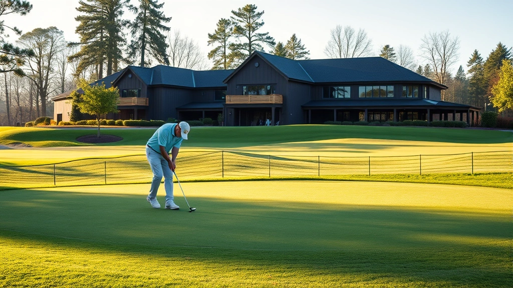 Golfer practicing short game on chipping green near clubhouse with practice facility buildings visible in soft afternoon light