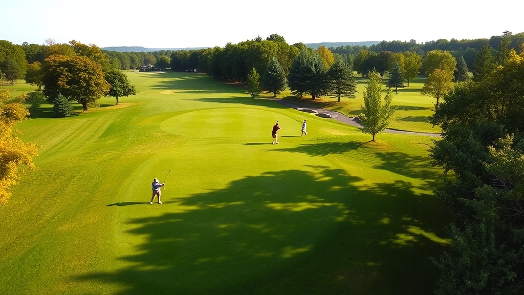 Aerial view of lush fairway with golfers mid-swing, trees framing course, Pennsylvania landscape, professional golf photography