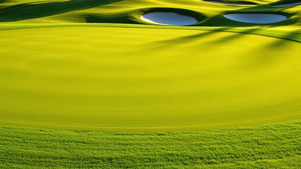 Well-manicured putting green with intricate contours, morning sunlight, bunkers in background, pristine grass texture