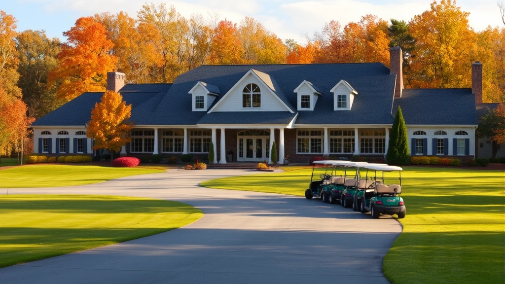 Clubhouse exterior with manicured grounds, golf carts lined up, welcoming entrance, autumn foliage surroundings, daylight