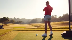 A golfer at address position on a driving range with perfect posture and grip, morning sunlight, focus on stance fundamentals, realistic golf setting with grass and range balls