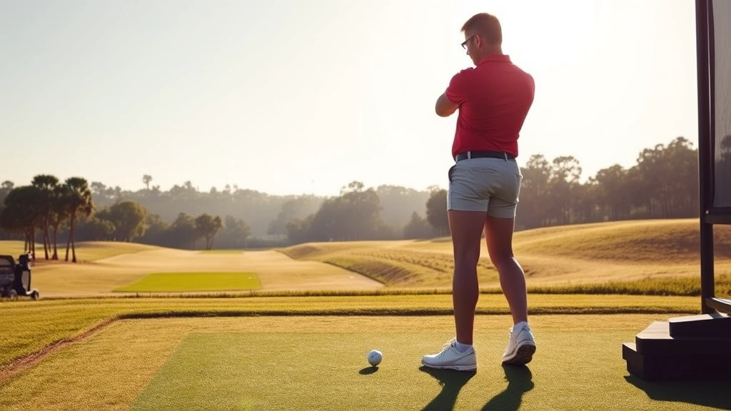 A golfer at address position on a driving range with perfect posture and grip, morning sunlight, focus on stance fundamentals, realistic golf setting with grass and range balls